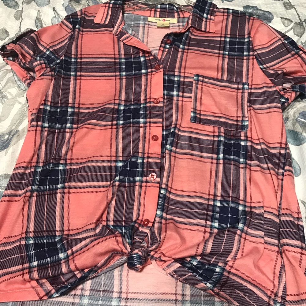 Pink navy plaid top
